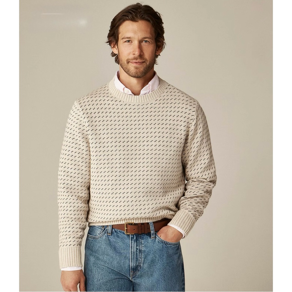 NWT J. Crew Heritage Cotton Sweater Bird's-eye Stitch Hthr Sand Inky Mocha